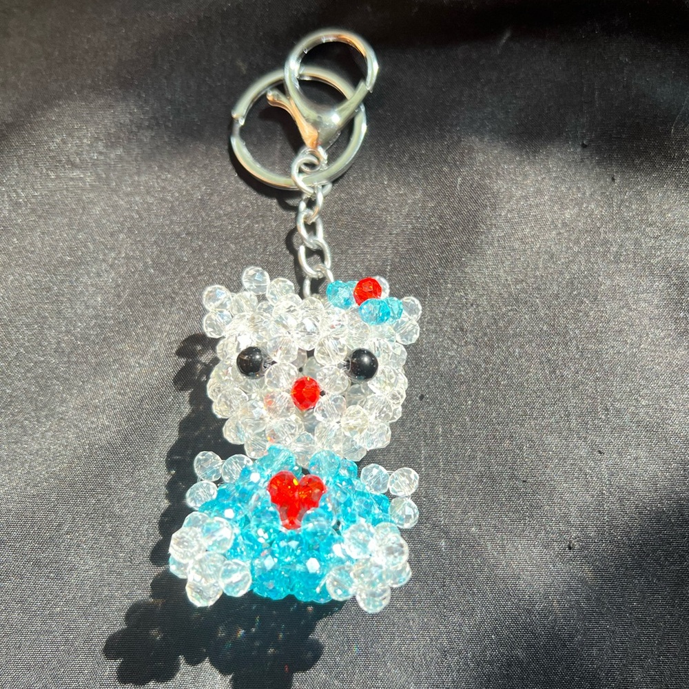 White & Blue Sparkly Shiny Beaded Kitty Cat Keychain Charm Kawaii Crystal Cute